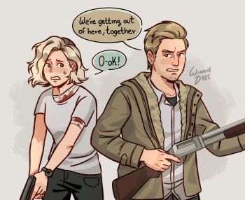  1boy 1girl artist_name blonde_hair commentary english_commentary english_text ethan_winters grace_ashcroft gun highres holding holding_gun holding_weapon jacket open_clothes open_jacket resident_evil resident_evil_requiem resident_evil_village signature weapon winnie62123994 