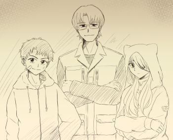  1girl 2boys aida_kensuke beard coat crossed_arms evangelion:_3.0+1.0_thrice_upon_a_time expressionless eyepatch facial_hair glasses grin hair_between_eyes hand_on_own_hip hood hood_up long_hair looking_at_viewer mecha_pilot_suit multiple_boys rebuild_of_evangelion ryoji_kaedo smile souryuu_asuka_langley  rating:General score:2 user:Mr._Jive