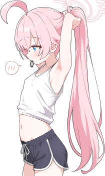 1girl absurdres adjusting_hair ahoge armpits arms_up bare_arms bare_shoulders black_shorts blue_archive blue_eyes blush commentary_request cowboy_shot dolphin_shorts from_side halo highres hoshino_(blue_archive) huge_ahoge loli long_hair midriff mouth_hold navel pink_hair pink_halo ponytail profile saho_4545 short_shorts shorts simple_background spoken_blush stomach tank_top tying_hair white_background white_tank_top rating:Sensitive score:116 user:danbooru