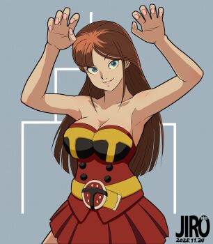  1girl arms_up bare_shoulders belt blue_eyes breasts brown_hair cropped_legs dress electro_wave_human_tackle highres jirohhb large_breasts long_hair looking_at_viewer no_headwear okada_yuriko paw_pose red_dress simple_background smile solo strapless strapless_dress toujima_tanzaburou_wa_kamen_rider_ni_naritai yellow_belt 