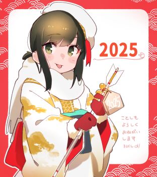  1girl 2025 arrow_(projectile) blush blush_stickers border brown_hair chinese_zodiac commentary_request ear_blush fubuki_(kancolle) fur-trimmed_gloves fur_trim gloves green_eyes hair_between_eyes hat highres holding holding_arrow japanese_clothes kantai_collection kimono looking_at_viewer low_ponytail ma_rukan medium_hair new_year outside_border ponytail print_kimono red_border red_gloves rounded_corners scarf sidelocks smile solo tilted_headwear tongue tongue_out translation_request upper_body white_background white_hat white_kimono white_scarf wide_sleeves year_of_the_snake yellow_kimono 