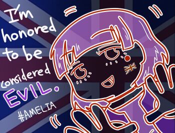  1girl :d absurdres amelia_(pathways) blunt_bangs choker choukyouin commentary_request english_text flag_tattoo grin hashtag highres jacket jacket_over_dress mole mole_under_eye open_clothes open_hands open_jacket open_mouth outline pathways_(game) politics portrait purple_theme short_hair smile solo union_jack united_kingdom white_outline 