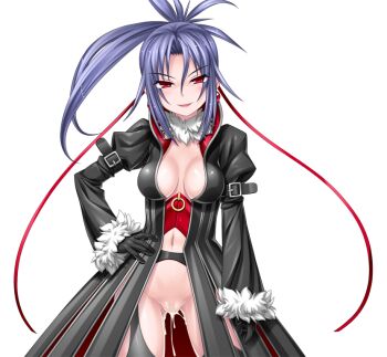  1girl aftersex black_gloves blue_hair blush breasts censored cleavage coat corruption cum cum_in_pussy cumdrip dark_persona earrings fur_trim game_cg garter_belt gloves hand_on_own_hip higuchi_isami jewelry long_hair long_sleeves looking_at_viewer mahou_shoujo_sae medium_breasts mosaic_censoring murakami_shizuru navel no_panties non-web_source official_art ponytail purple_hair pussy red_eyes smile solo thighhighs transparent_background variant_set 