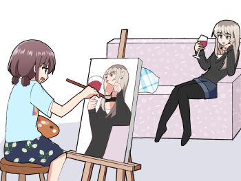  2girls alcohol arm_support black_choker black_pantyhose black_sweater blue_eyes blue_shirt blue_shorts blue_skirt brown_hair choker couch cup drinking_glass easel floral_print girls_band_cry gorumosu grey_eyes grey_hair head_rest holding holding_cup holding_paint_palette holding_paintbrush iseri_nina kawaragi_momoka long_hair long_sleeves low_twintails meme multicolored_hair multiple_girls on_couch on_stool open_mouth paint_palette paintbrush painting_(action) painting_(object) pantyhose roots_(hair) shirt short_hair short_sleeves short_twintails shorts sitting skirt smile stool sweater twintails upward_angle_frieren_drawing_(meme) white_shirt wine wine_glass 