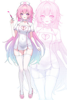  1girl absurdres alternate_costume aqua_hair blue_hair breasts cleavage clothing_cutout collarbone commentary covered_navel cyrene_(honkai:_star_rail) cyrene_(ripples_of_past_reverie)_(honkai:_star_rail) diamond-shaped_pupils diamond_(shape) dress full_body garter_straps gradient_hair hat heart heart_cutout high_heels highres holding holding_syringe honkai:_star_rail honkai_(series) impossible_clothes impossible_dress large_breasts long_hair looking_at_viewer multicolored_hair nurse nurse_cap open_mouth pink_eyes pink_hair pink_shoes pointy_ears ribo_(rib6o_o9) shoes short_sleeves shrug_(clothing) sidelocks simple_background smile solo symbol-only_commentary symbol-shaped_pupils syringe tachi-e thighhighs thighs very_long_hair white_background white_dress white_garter_straps white_shrug white_thighhighs zoom_layer 