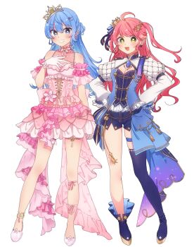  2girls :3 anklet arm_at_side asymmetrical_footwear blue_eyes blue_footwear blue_hair blue_ribbon blue_shorts blue_vest blush boots bow breasts brooch choker cleavage cleavage_cutout clothing_cutout cosplay costume_switch cross-laced_clothes cross-laced_dress crown detached_sleeves dress flower frilled_choker frilled_gloves frilled_shirt frilled_sleeves frills full_body glass_slipper gloves gold_trim green_eyes grin hair_flower hair_ornament hair_ribbon hairclip hand_up hands_on_own_hips high_heels highres hololive hoshimachi_suisei hoshimachi_suisei_(cosplay) hoshimachi_suisei_(stellar_into_the_galaxy) jewelry juliet_sleeves layered_dress leg_ribbon legs long_hair long_sleeves looking_at_viewer medium_breasts mini_crown multiple_girls myon_omuraisu no_socks open_hand open_mouth petals pink_bow pink_choker pink_dress pink_hair pink_ribbon pink_shoes puffy_sleeves ribbon sakura_miko sakura_miko_(cosplay) sakura_miko_(flower_fantasista!) shirt shoes short_shorts shorts sidelocks sleeves_past_fingers sleeves_past_wrists small_breasts smile standing star_(symbol) star_hair_ornament star_in_eye symbol_in_eye teeth thigh_boots thigh_strap tiara tilted_headwear tiptoes tongue vest virtual_youtuber white_background white_gloves white_shirt 