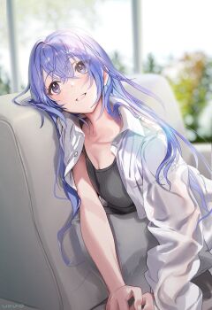  1girl artist_name black_camisole blush breasts camisole cleavage collarbone collared_shirt commentary couch crossed_bangs grin highres idolmaster idolmaster_shiny_colors indoors long_hair looking_up on_couch pillow purple_eyes purple_hair shirt sitting smile solo suzuki_hana symbol-only_commentary uouokuma white_shirt 