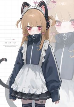  1girl absurdres ai-assisted amenatsu animal_ear_headphones animal_ears apron beads black_skirt black_thighhighs blonde_hair blue_archive blue_jacket blush cat_ear_headphones cat_ears cat_tail checkered_background fake_animal_ears gym_uniform hair_beads hair_ornament halo headphones heart heart_sticker high_collar highres jacket light_smile long_sleeves looking_at_viewer maid_apron maid_headdress makeup medium_hair momoi_(blue_archive) pink_eyes pink_halo pleated_skirt sidelocks skirt sleeves_past_wrists solo standing sticker tail tear_bag_makeup thighhighs two_side_up white_apron white_headdress zettai_ryouiki zipper  rating:General score:12 user:lazycatx64