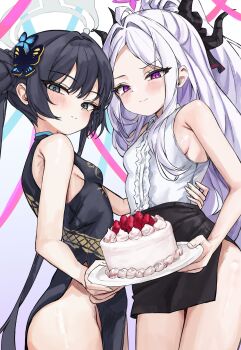  2girls absurdres bare_shoulders birthday_cake black_dress black_hair black_skirt blue_archive breasts cake center_frills china_dress chinese_clothes closed_mouth dress food frills grey_hair halo happy_birthday highres hina_(blue_archive) horns kisaki_(blue_archive) loli long_hair looking_at_viewer multiple_girls no_gloves missing_legwear no_panties purple_eyes rosu_1109 shirt skirt sleeveless sleeveless_dress sleeveless_shirt smile standing white_shirt  rating:Sensitive score:23 user:danbooru
