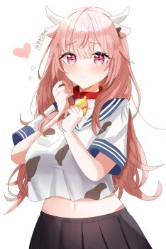 absurdres animal_ears animal_print bell black_skirt blue_sailor_collar collar cow_ears cow_horns cow_print cowbell crop_top crop_top_overhang fake_animal_ears fake_horns heart heart-shaped_pupils highres holding holding_own_hair horns inui_shinju kagana_helsuki long_hair midriff navel pleated_skirt red_collar sailor_collar school_uniform serafuku short_sleeves simple_background skirt sono_bisque_doll_wa_koi_wo_suru stomach symbol-shaped_pupils very_long_hair white_background rating:Sensitive score:32 user:danbooru