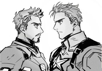  2boys arc_reactor armor avengers_(series) bodysuit captain_america closed_mouth facial_hair full_armor greyscale highres iron_man kacha0404 looking_at_another male_focus marvel monochrome multiple_boys power_armor short_hair simple_background star_(symbol) steve_rogers superhero_costume tony_stark upper_body v-shaped_eyebrows 