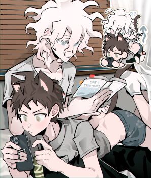  2boys :< ? ?? absurdres ahoge animal_ears arrow_(symbol) blue_eyes blue_male_underwear book breast_pocket brown_hair cat_ears cat_tail chibi chibi_inset collarbone collared_shirt colored_eyelashes commentary danganronpa_(series) danganronpa_2:_goodbye_despair green_eyes green_necktie hair_between_eyes hand_on_another's_ass highres hinata_hajime holding holding_book holding_phone komaeda_nagito looking_at_phone lying_on_lap lying_on_person male_focus male_underwear messy_hair multiple_boys necktie okamotoo on_lap parted_lips phone pocket reading shirt symbol-only_commentary tail top-down_bottom-up underwear white_eyelashes white_hair yaoi 