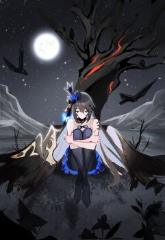  1girl bare_shoulders bare_tree bird black_hair black_wings bug butterfly closed_eyes commentary english_commentary full_moon hair_ornament highres honkai_(series) honkai_impact_3rd hugging_own_legs insect knees_up long_hair mie_xing moon night seele_vollerei seele_vollerei_(eternal_night's_embrace) seele_vollerei_(herrscher_of_rebirth) sitting sky star_(sky) tree very_long_hair wings  rating:General score:1 user:danbooru