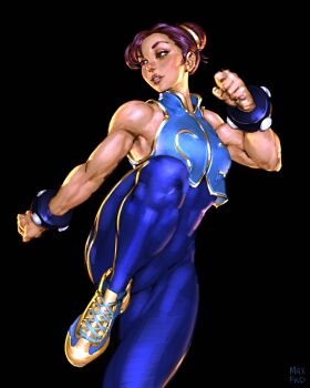  1girl absurdres blue_bodysuit bodysuit bracelet brown_eyes brown_hair capcom chun-li clenched_hands commentary double_bun english_commentary fighting_stance full_body hair_bun hand_up highres jewelry knee_up parted_lips shoes short_hair sleeveless sleeveless_bodysuit smile sneakers solo standing standing_on_one_leg street_fighter street_fighter_zero_(series) studded_bracelet studystudiomax toned toned_female yellow_shoes 