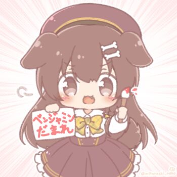  1girl :d animal_ears blush bone_hair_ornament bow braid brown_eyes brown_hair brown_skirt cartoon_bone chibi commentary_request dog_ears dog_girl dog_tail emphasis_lines fang frilled_skirt frills hair_between_eyes hair_ornament highres holding holding_paintbrush hololive inugami_korone inugami_korone_(street) long_hair mitarashi_neko open_mouth paintbrush plaid_bow pleated_skirt polka_dot polka_dot_background skirt smile solo tail translation_request v-shaped_eyebrows very_long_hair virtual_youtuber yellow_bow 