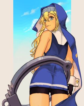  1boy ass bare_shoulders bike_shorts black_gloves blonde_hair blue_dress blue_eyes blue_sky bridget_(guilty_gear) commentary cowboy_shot dress fingerless_gloves from_behind gloves guilty_gear guilty_gear_xx guimpe hair_between_eyes long_hair looking_at_viewer looking_back male_focus mars_symbol nun nun_headdress object_belt outside_border oversized_object parted_lips pillarboxed sky sleeveless sleeveless_dress smile solo toastitos trap two-sided_veil white_wrist_cuffs wrist_cuffs 