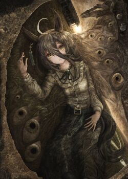  1girl absurdres ahoge axeisland black_hair black_ribbon black_skirt chemical_structure coffee_bag cup disembodied_eye ear_ornament ear_tag earrings frilled_shirt frills highres horse jam_(umamusume) jewelry long_hair long_sleeves manhattan_cafe_(umamusume) multicolored_hair neck_ribbon parted_lips ribbon shirt single_earring skirt solo umamusume very_long_hair white_hair yellow_eyes yellow_ribbon yellow_shirt 