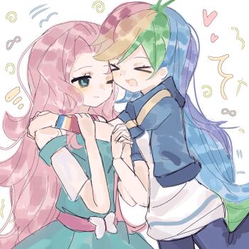  >_< 2girls :d alternate_skin_color animification aqua_dress aqua_eyes blue_jacket blue_pants bug butterfly chinese_commentary commentary_request couple dress equestria_girls:_better_together fluttershy fluttershy_(equestria_girls) ghost90922 highres hug insect jacket long_hair multicolored_hair multiple_girls mutual_hug my_little_pony my_little_pony:_equestria_girls my_little_pony:_friendship_is_magic official_alternate_costume one_eye_closed open_clothes open_jacket open_mouth pants personification pink_hair rainbow_dash rainbow_dash_(equestria_girls) rainbow_hair simple_background sketch smile upper_body very_long_hair white_background white_dress wristband yuri 