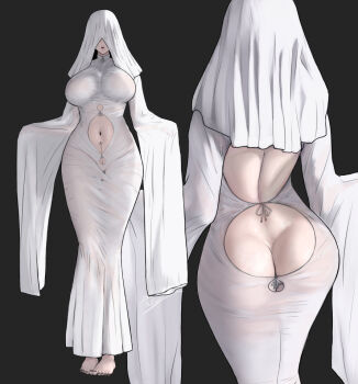  1girl ass ass_cutout back back_cutout barefoot black_background black_nails breasts butt_crack clothing_cutout commentary covered_eyes cutout_above_navel cutout_below_navel dress full_body ghost_costume large_breasts long_dress median_furrow miyamoto_issa mole mole_under_mouth multiple_views nail_polish navel no_bra no_panties original parted_lips see-through_clothes see-through_dress signature simple_background sleeves_past_fingers sleeves_past_wrists standing stomach_cutout taut_clothes taut_dress toenail_polish toenails untranslatable_commentary veil veil_over_eyes white_dress white_veil 
