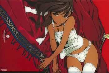  1girl breasts brown_eyes brown_hair camisole cleavage closed_mouth dark-skinned_female dark_skin dot_nose english_text fate/strange_fake fate_(series) female_focus flat_chest highres indoors kneehighs legs loli long_hair looking_at_viewer lying midriff morii_shizuki navel no_bra official_art on_side panties sexually_suggestive sleeveless socks solo solo_focus stomach tan thighhighs thighs tine_chelc underwear white_camisole white_panties white_thighhighs 