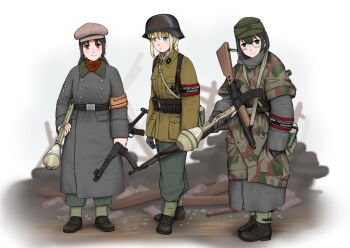 3girls ammunition_belt ammunition_pouch armband black_hair blonde_hair blue_eyes boots braid braided_ponytail brown_hair camouflage camouflage_jacket collar combat_helmet cross german_text glasses grey_eyes gun hat helmet holding holding_gun holding_weapon iron_cross jacket long_hair looking_at_viewer mardjan military military_hat multiple_girls original panzerfaust pouch pps-43 reichsadler rifle short_hair smile stahlhelm submachine_gun twintails volkssturm volkssturmgewehr weapon world_war_ii