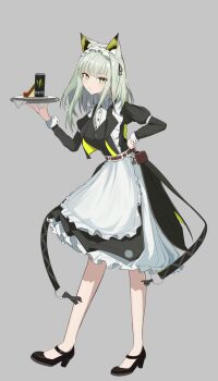  animal_ear_fluff animal_ears apron arknights azk2 belt black_dress black_shoes brown_belt buttons can closed_mouth commentary dress drink drink_can food frilled_apron frilled_dress frills full_body green_eyes green_hair grey_background hand_on_own_hip high_heels highres holding holding_tray juliet_sleeves kal'tsit_(arknights) long_hair long_sleeves looking_at_viewer maid mary_janes no_socks official_alternate_costume pouch product_placement puffy_sleeves shoes simple_background standing tray waist_apron white_apron 