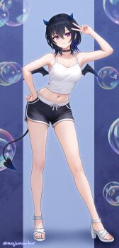  1girl absurdres arm_up armpits bare_arms bare_legs bare_shoulders black_choker black_hair black_shorts black_wings blue_hair blue_horns breasts bubble camisole choker closed_mouth commentary_request contrapposto crop_top demon_girl demon_horns demon_tail demon_wings dolphin_shorts drawstring earrings full_body hand_on_own_hip high_heels highres horns ichinose_uruha jewelry legs looking_at_viewer lupinus_virtual_games medium_breasts medium_hair midriff mini_wings multicolored_hair navel purple_eyes revision sandals shirt short_shorts shorts sleeveless sleeveless_shirt smile solo spaghetti_strap standing stomach streaked_hair tail thighs toenails v virtual_youtuber vspo! wajuniorbox white_sandals white_shirt wings 