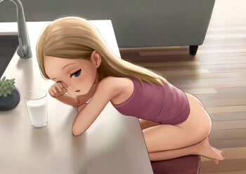 1girl ass bare_shoulders barefoot blonde_hair blue_eyes bottomless breasts couch cup drinking_glass feet forehead from_side indoors kuroshiro00 loli long_hair milk one_eye_closed open_mouth original purple_shirt rubbing_eyes shirt sitting sleepy small_breasts soles solo stool table thighs toes wooden_floor rating:Questionable score:661 user:danbooru