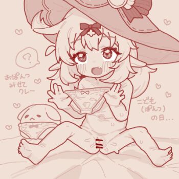  1girl ? bar_censor bow censored children's_day commentary fang genshin_impact hat holding holding_panties holding_underwear holding_unworn_clothes klee_(genshin_impact) kodomo_no_hi loli lowres monochrome nude open_mouth panties pointy_ears pussy sitting solo spread_legs translation_request underwear untranslatable_commentary zeru_(wisel_army)  rating:Explicit score:44 user:danbooru