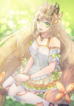  1girl :d absurdres blonde_hair breasts butterfly_hair_ornament celine_(fire_emblem) cleavage commentary commentary_request crown dress english_commentary fire_emblem fire_emblem_engage flower grass green_eyes hair_ornament highres jewelry long_hair looking_at_viewer lower_teeth_only mixed-language_commentary necklace nekoyashiki_08 nintendo official_alternate_costume on_grass open_mouth short_sleeves sitting small_breasts smile solo teeth thighhighs very_long_hair white_dress white_thighhighs yokozuwari 