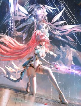  1girl absurdres aemeath_(wuthering_waves) artist_name bare_shoulders boots breasts cleavage closed_mouth commentary dynamic_pose elbow_gloves english_commentary exostrider_(wuthering_waves) gloves hair_ornament high_heel_boots high_heels highres holding holding_sword holding_weapon jvn leotard long_hair looking_at_viewer mecha medium_breasts pink_hair ponytail robot showgirl_skirt skirt solo sword thigh_boots thighs weapon white_boots white_gloves white_leotard white_skirt wuthering_waves 