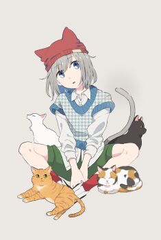  1girl animal_hat black_cat blue_eyes blue_sweater calico_(pattern) calico_cat cat cat_girl cat_hat cat_tail collared_shirt commentary_request extra_ears full_body green_shorts grey_background grey_hair hat head_tilt highres idolmaster idolmaster_shiny_colors ikamimi indian_style looking_up multiple_cats open_collar open_mouth orange_cat red_hat red_socks serizawa_asahi shirt shoes short_hair shorts simple_background sitting socks solo sweater tail untucked_shirt v_arms white_cat white_shirt white_shoes 