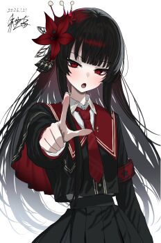  1girl absurdres black_hair black_skirt blush cape collar commentary_request flower hair_flower hair_ornament highres long_hair long_sleeves looking_at_viewer mahou_shoujo_no_majo_saiban necktie nikaido_hiro open_mouth pointing pointing_at_viewer red_eyes red_flower red_necktie school_uniform shubashuba signature skirt solo upper_body white_background 
