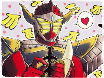 1boy armor bad_id bad_pixiv_id banana banana_peel food fruit fruit_background heart helmet kamen_rider kamen_rider_baron kamen_rider_gaim_(series) male_focus mask masked masked_male peeling red_armor speech_bubble yellow_armor yellow_eyes