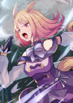  1girl animal_ears bare_shoulders blonde_hair blush bow bowtie breasts commentary_request dress ear_covers gloves grey_bow grey_bowtie highres horse_ears horse_girl horse_tail long_sleeves medium_breasts mi_taro333 narita_top_road_(the_proud_road)_(umamusume) narita_top_road_(umamusume) open_mouth purple_dress purple_eyes running short_hair single_ear_cover solo tail teeth umamusume upper_teeth_only 