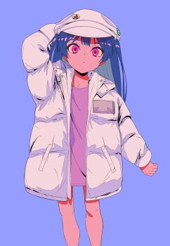 1girl arm_up blue_background blue_hair closed_mouth commentary_request hat highres hood hood_down hooded_jacket jacket long_hair long_sleeves looking_at_viewer no_pants open_clothes open_jacket original peaked_cap pink_eyes pink_shirt semham shirt solo standing white_hat rating:General score:1 user:danbooru