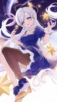 1girl \||/ aurora blue_dress blue_eyes breasts commission constellation constellation_print crescent_moon dress earrings footwear_ribbon galaxy hair_ornament halo high_heels highres indie_virtual_youtuber jewelry long_hair looking_at_viewer mizuhoshi_lyra momoyama_momo moon necklace night night_sky pantyhose scrunchie shoes short_sleeves single_leg_pantyhose skeb_commission sky smile solo star_(sky) star_(symbol) star_earrings star_hair_ornament star_necklace star_print starry_background starry_sky starry_sky_print very_long_hair virtual_youtuber white_hair wrist_scrunchie