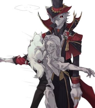  ... 1girl 2boys animal_on_face black_bow black_bowtie black_coat black_hat black_pants black_vest blood_on_flower boutonniere bow bowtie cape cat christina_(identity_v) closed_eyes coat commentary conjoined covered_face cowboy_shot flower grey_hair hair_over_one_eye hat height_difference high_collar identity_v jack_(count's_banquet)_(identity_v) jack_(identity_v) jewelry korean_commentary long_hair long_sleeves looking_at_another masked motion_lines multiple_boys multiple_rings mystical_high_collar outstretched_arms pants parted_bangs philippe_(identity_v) pointy_ears red_cape red_eyes red_flower red_rose red_shirt ring rose shirt short_hair simple_background sleeve_cuffs sope spoken_ellipsis spread_arms standing sweatdrop tassel top_hat vest wax white_background white_cat white_flower white_rose white_shirt wing_hat_ornament wingtip_collar 