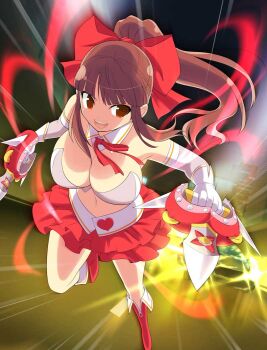  1girl aura blunt_bangs boots bra breasts car city cleavage crop_top detached_collar dual_wielding elbow_gloves energy fighting frilled_skirt frills gloves grey_bra hair_ribbon heart high_ponytail holding instrument kagari_(senran_kagura) knife large_breasts linea_alba long_hair miniskirt motor_vehicle navel neck_ribbon official_art open_mouth ponytail red_boots red_eyes red_hair red_ribbon red_skirt ribbon senran_kagura senran_kagura_new_wave sidelocks skirt smile solo tambourine underwear weaponized_instrument white_gloves 