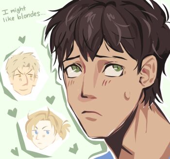  1girl 2023 2boys annie_leonhart bertolt_hoover black_hair blonde_hair couple davriann english_text multiple_boys reiner_braun shingeki_no_kyojin short_hair twitter  rating:General score:1 user:smutuploader