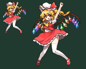 >:d 1girl :d arms_up ascot bad_id bad_pixiv_id blonde_hair commentary_request crystal female_focus flandre_scarlet frilled_hat frilled_skirt frills full_body green_background hat hat_ribbon hip_focus jumping mary_janes mob_cap namako_daibakuhatsu open_mouth pixel_art puffy_short_sleeves puffy_sleeves red_eyes red_ribbon red_shoes red_skirt red_vest ribbon shoes short_sleeves side_ponytail simple_background skirt smile solo thigh_tease thighhighs touhou v-shaped_eyebrows vest wavy_hair white_thighhighs wings rating:Sensitive score:47 user:danbooru