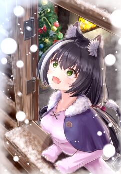  1girl :d absurdres animal_ear_fluff animal_ears artist_name black_hair bow box breasts cape cat_ears cat_girl cat_tail christmas_tree commentary_request dated dress fangs fireplace fluno fur-trimmed_cape fur_trim gift gift_box green_eyes hair_between_eyes hair_bow hand_rest highres hinge karyl_(princess_connect!) long_hair long_sleeves looking_up low_twintails medium_breasts merry_christmas open_mouth pink_dress princess_connect! purple_bow purple_cape skin_fangs sleeves_past_wrists smile snowing solo standing star_(symbol) tail twintails white_streaks windowsill 