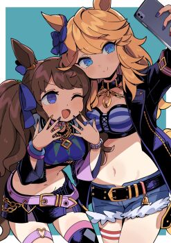  2girls animal_ears belt black_jacket black_thighhighs blue_bow blue_eyes blue_ribbon blush bow bracelet breasts brown_hair cellphone chain collar commentary_request commission crop_top denim denim_shorts fishnets gold_city_(authentic/1928)_(umamusume) gold_city_(umamusume) hair_bow hair_ribbon highres holding holding_phone horse_ears horse_girl horse_tail jacket jewelry long_hair long_sleeves medium_breasts multicolored_nails multiple_girls nail_polish navel necklace one_eye_closed open_clothes open_jacket open_mouth phone ribbon selfie short_shorts shorts simple_background single_thighhigh skeb_commission smartphone smile stomach tail taru_haru thigh_strap thighhighs tosen_jordan_(jokester_vibes)_(umamusume) tosen_jordan_(umamusume) umamusume 