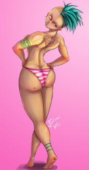  1girl ankle_tattoo aqua_hair aqua_lips arm_tattoo ass ass_tattoo back_tattoo barefoot breasts closed_mouth commentary dark-skinned_female dark_skin dated ear_piercing english_commentary eyebrow_piercing face_piercing foot_tattoo full_body hands_on_own_hips heart heart_tattoo highres lips lipstick makeup mohawk nerdbayne original panties piercing pink_background pink_eyes punk short_hair shoulder_tattoo signature simple_background solo star_(symbol) star_tattoo striped_clothes striped_panties tattoo topless_female underwear underwear_only very_short_hair 