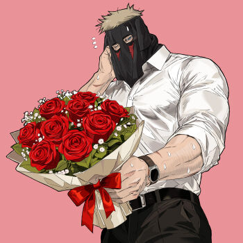  1boy belt black_belt black_pants blonde_hair blue_eyes blush bouquet call_of_duty collared_shirt flower highres konig_(call_of_duty) looking_at_viewer male_focus mask mouth_mask muscular muscular_male nanj1n one_eye_closed pants pink_background red_flower red_ribbon red_rose ribbon rose shirt short_hair simple_background solo sweat upper_body valentine watch white_shirt wristwatch 