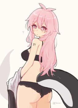  1girl 7evvw ? ass back black_bra black_panties bra breasts cetacean_tail fish_tail indie_virtual_youtuber medium_breasts mumble_(shachimu) number_tattoo orca_girl panties pink_eyes pink_hair solo solo_focus tattoo underwear undressing virtual_youtuber 