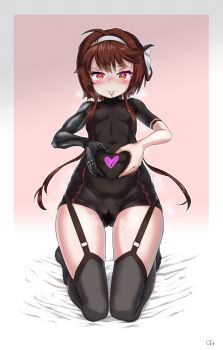 1girl black_thighhighs breasts brown_eyes brown_hair commentary_request garter_belt girls'_frontline heart heart-shaped_pupils highres korean_commentary long_hair looking_at_viewer mechanical_arms og_(erfv4822) pinching_own_belly safety_pin seiza single_mechanical_arm sitting small_breasts solo symbol-shaped_pupils thigh_gap thighhighs thighs type_79_(girls'_frontline) 