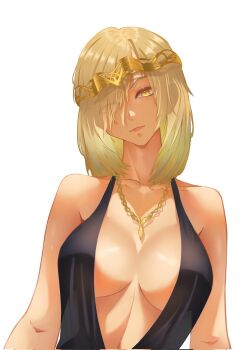  1girl bare_shoulders blonde_hair breasts circlet closed_mouth collarbone commentary elden_ring english_commentary gold_necklace head_tilt highres jewelry large_breasts long_hair looking_at_viewer navel necklace plunging_neckline queen_marika_the_eternal rosscuso simple_background smile solo upper_body white_background yellow_eyes 