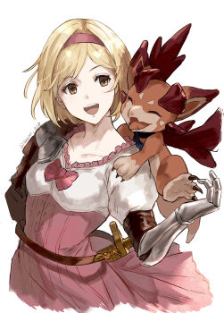  1boy 1girl bacon_828 blonde_hair breasts brown_eyes djeeta_(granblue_fantasy) dragon dress gauntlets gloves granblue_fantasy hair_ornament hairband highres medium_breasts open_mouth pink_dress pink_hairband short_hair simple_background small_dragon smile solo vyrn_(granblue_fantasy) white_background  rating:General score:5 user:danbooru