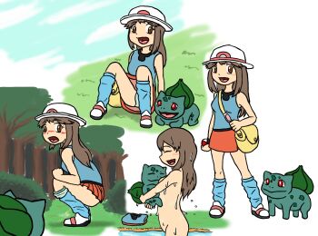 1girl brown_hair bulbasaur gen_1_pokemon hug leaf_(pokemon) loli nintendo nude outdoors panties panty_pull peeing pokemon pokemon_(creature) pokemon_frlg squatting starman_(artist) underwear upskirt wet 
